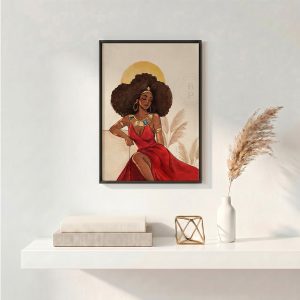 Sekhmet watercolour Black woman art print in black frame on neutral shelf with pampas grass